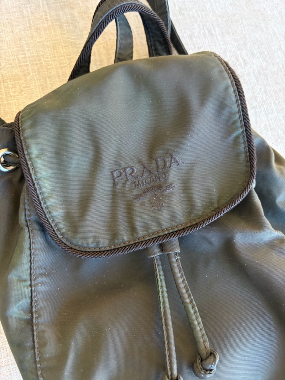 Prada Dark Olive Green Nylon Mini Drawstring Backpack